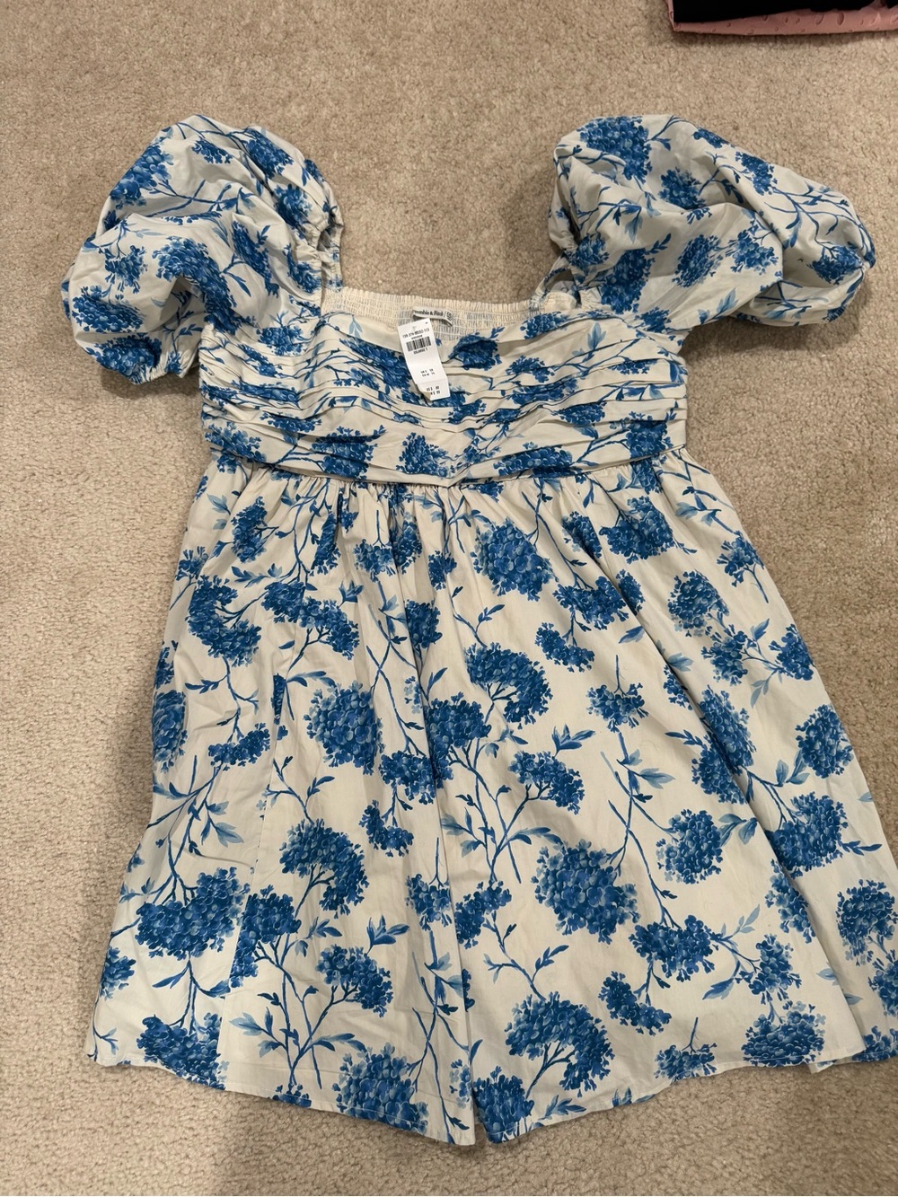 Blue Floral Puff-Sleeve off the shoulder Dress